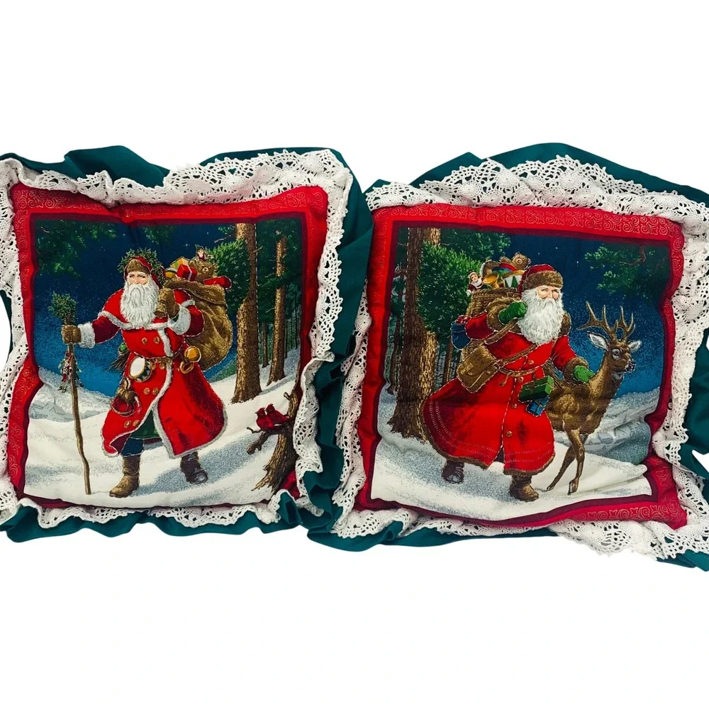 Vintage Christmas Santa‎ Claus Pillow Set Red Green Lace Rustic Farmhouse Decor